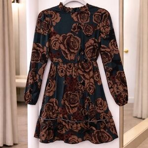 Moody Teal & Rose Floral Long Sleeve Ruffle Dress